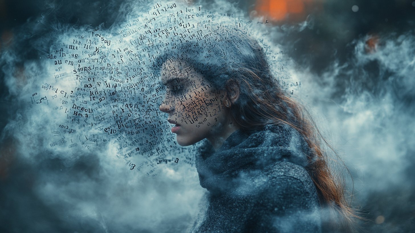 Une personne submergée par des mots durs entourée de lettres chaotiques.