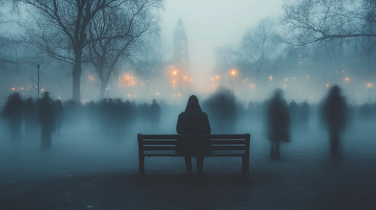 Une figure solitaire sur un banc entourée d'amis flous, symbolisant l'isolement émotionnel.