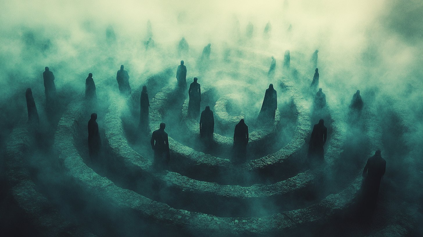 Ein wirbelnder Nebel symbolisiert Verwirrung und verschwommene Gesichter auf der Suche nach Klarheit.