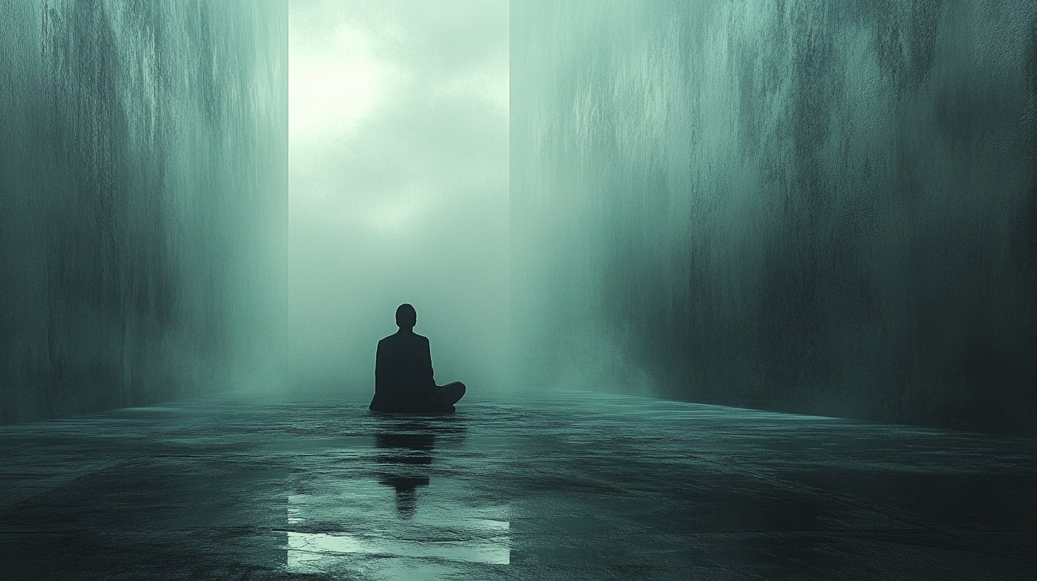 Eine isolierte Figur sitzt allein in einem weiten, leeren Raum und verkörpert Einsamkeit.