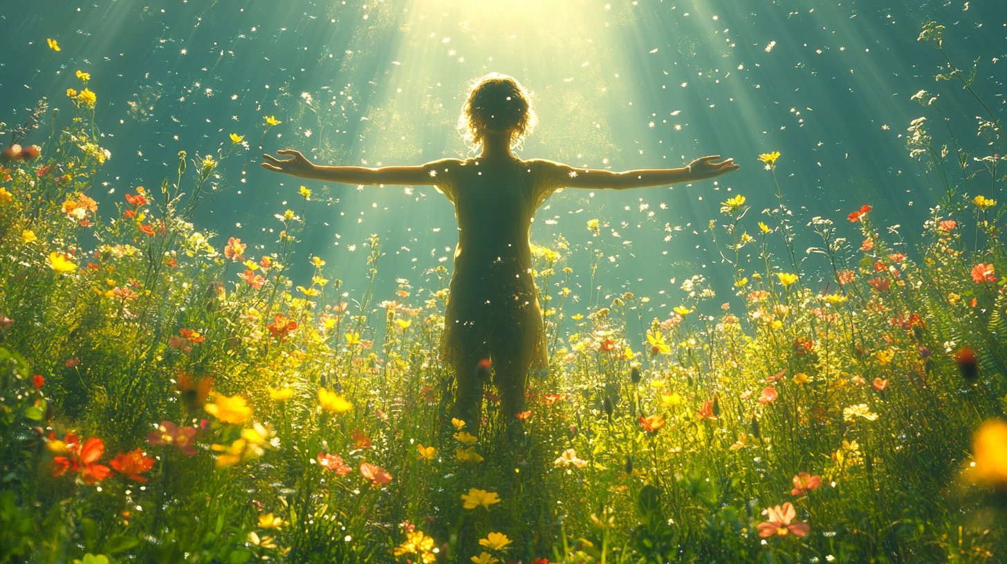 Eine Figur in einer Sonnenwiese, die sich selbst liebt und Freiheit umarmt.