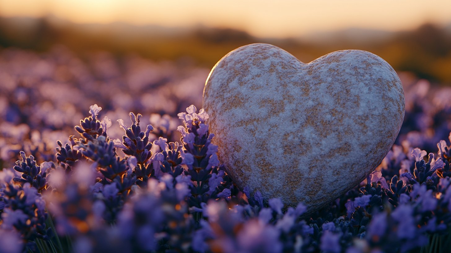 Ein herzförmiger Stein in Lavendelblüten, der seelische Wunden heilt.