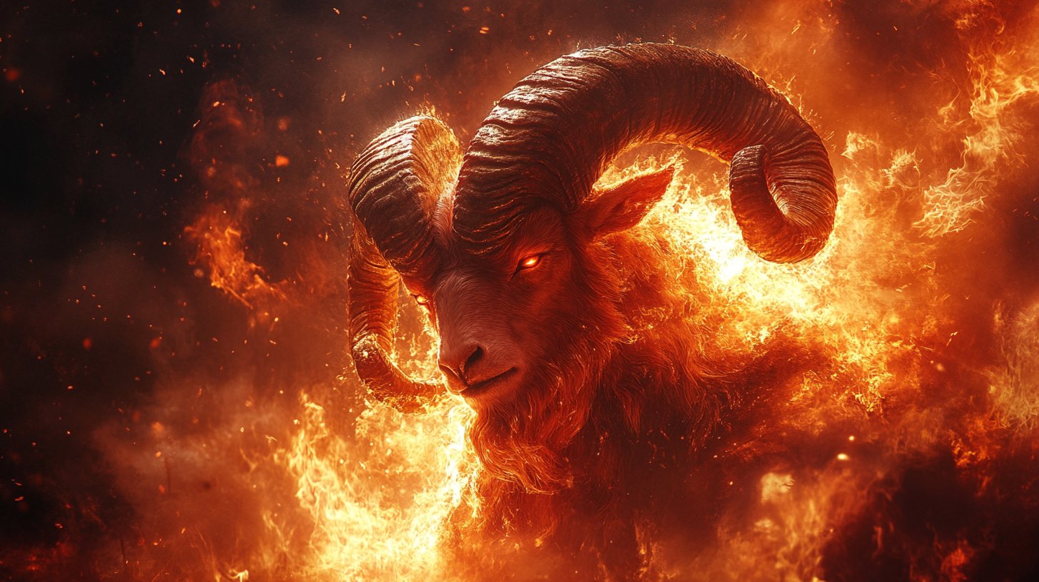 Una figura decisa dell'Ariete in un ambiente infuocato che mostra forza e testardaggine.