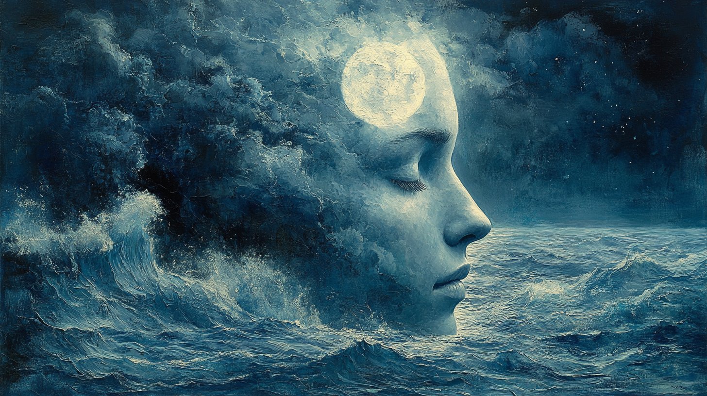 Una figura sensibile del Cancro circondata da dolci onde oceaniche che illustra la manipolazione emotiva.