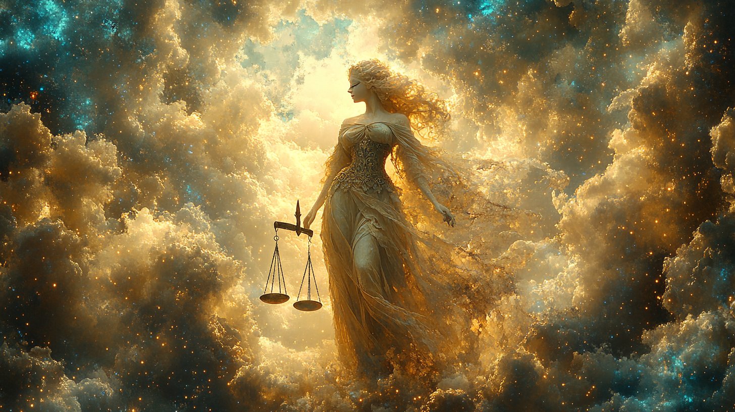 Un personaggio equilibrato della Bilancia tra bilance di giustizia che riflette diplomazia e ambivalenza.