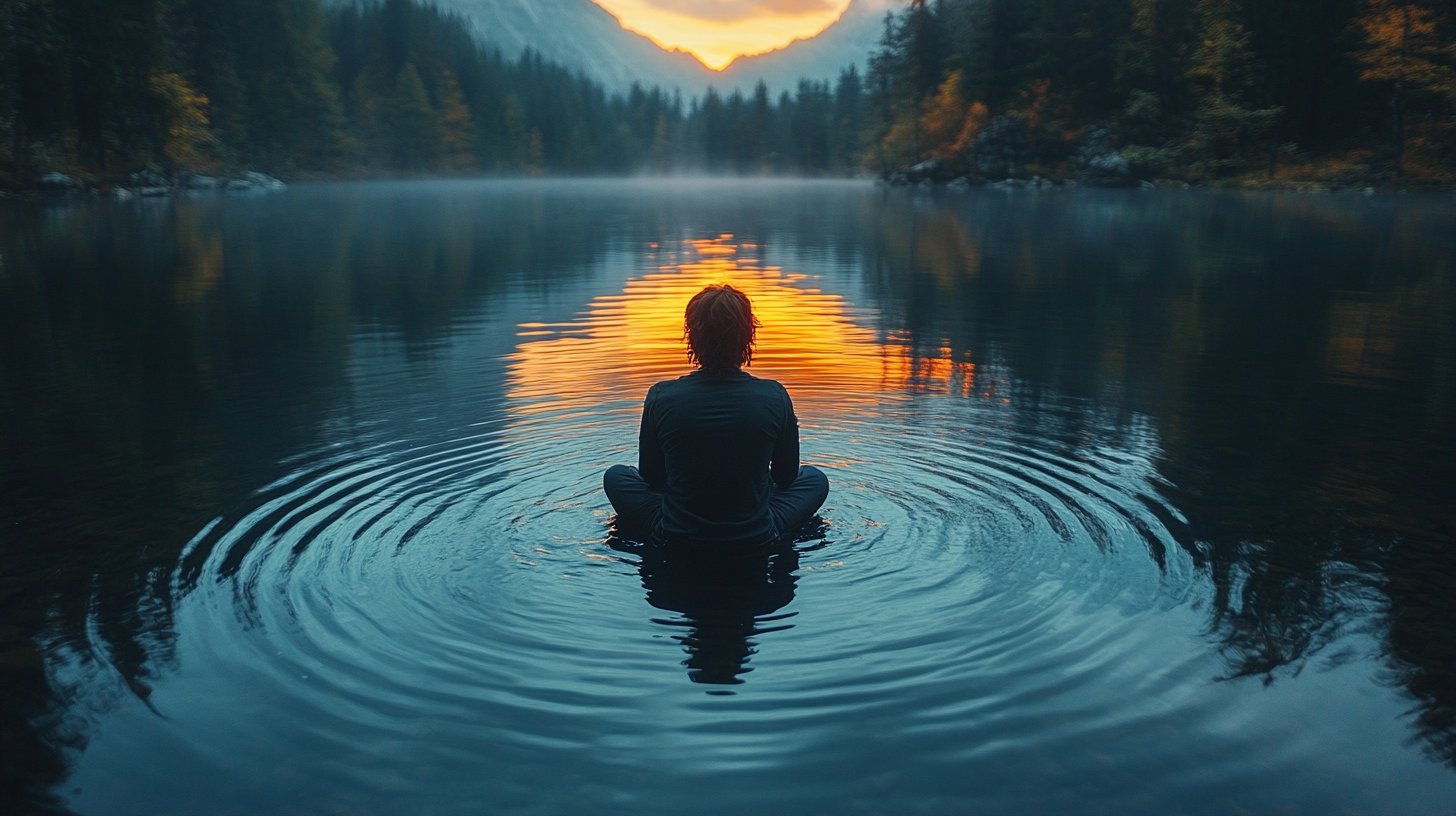 A tranquil scene of a person sitting by a serene lake at twilight.