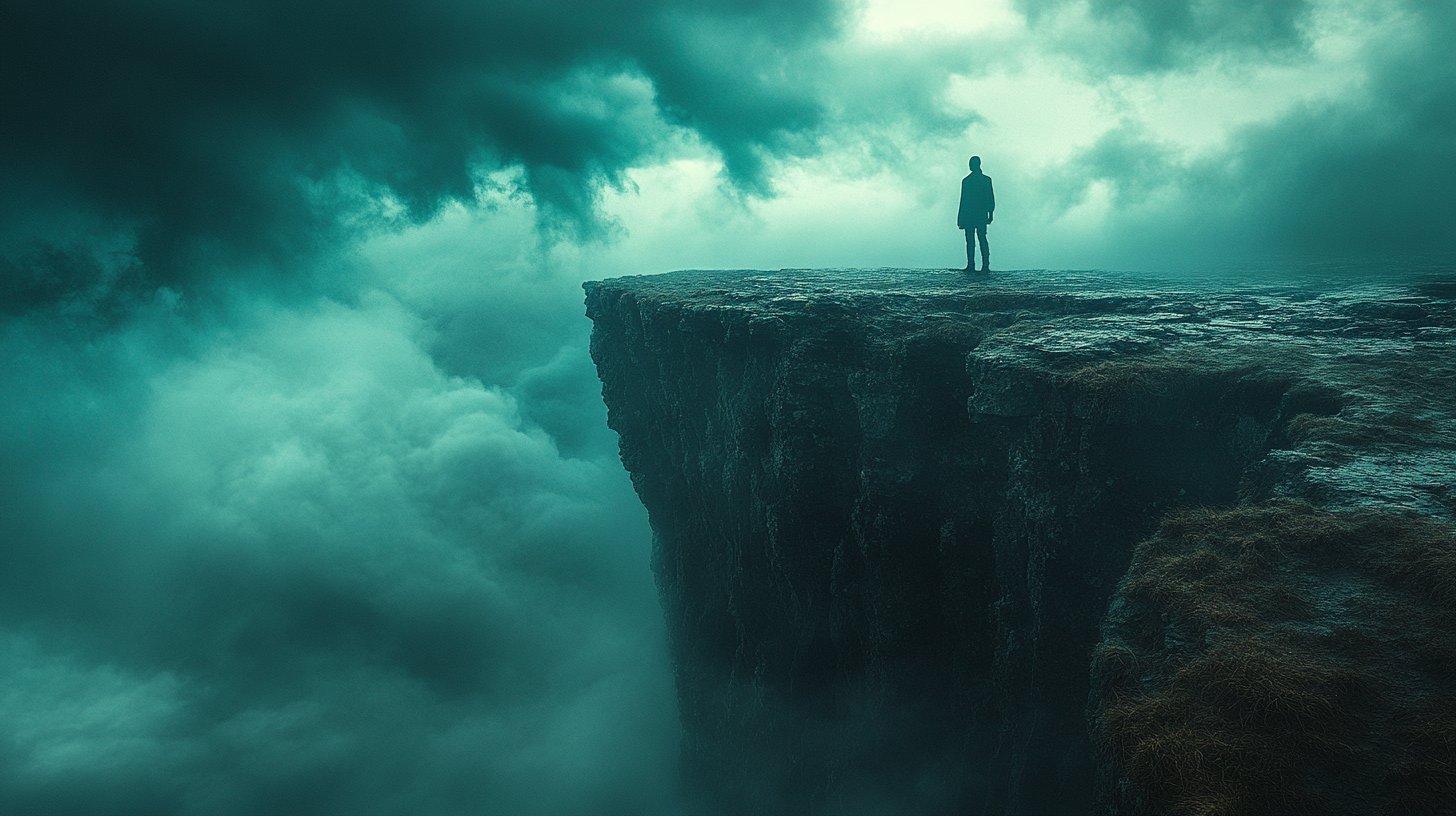 A person stands bravely on a cliff's edge, facing the darkness.