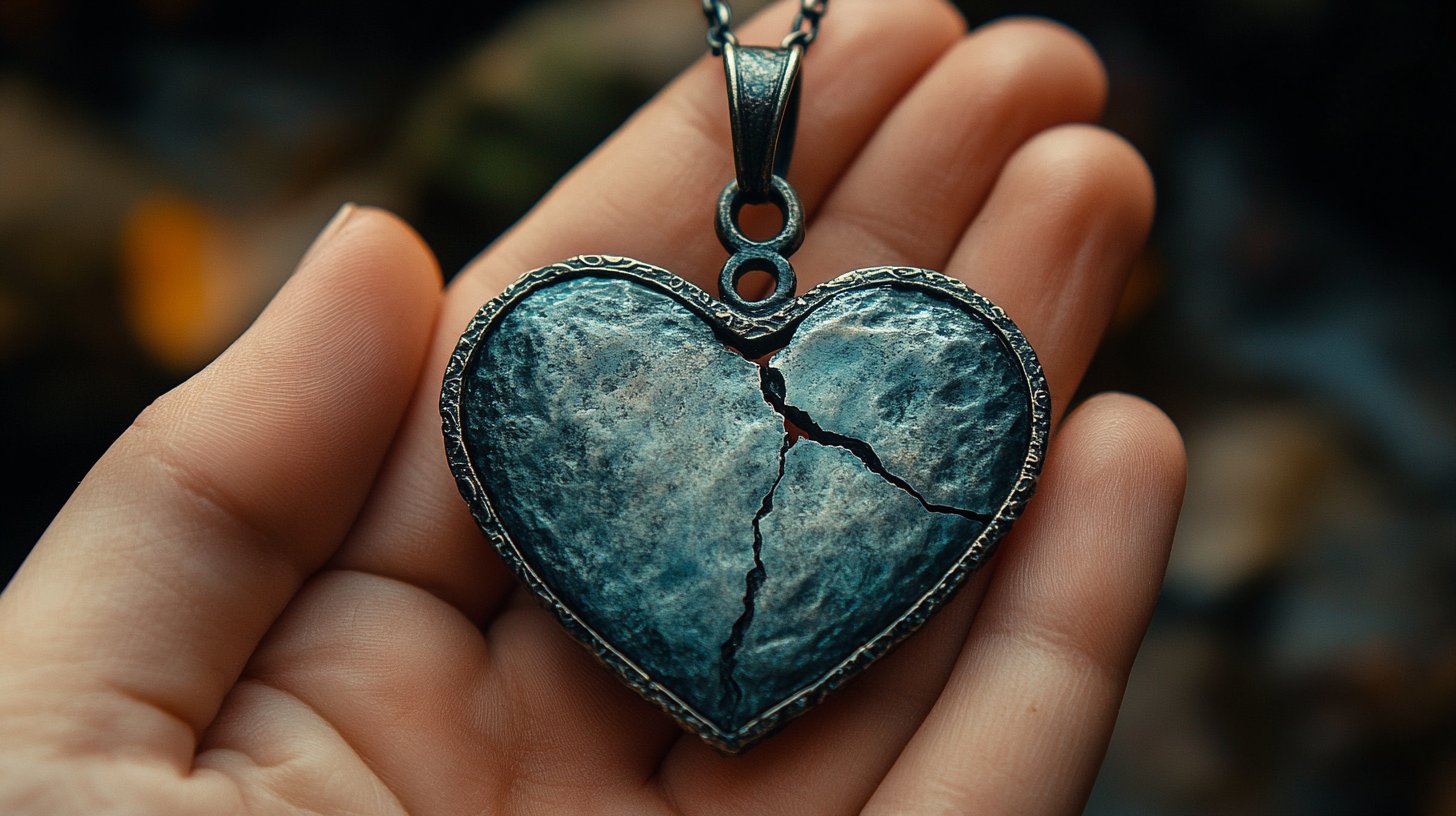 Un pendentif en forme de cœur brisé dans la main symbolise la première douleur.