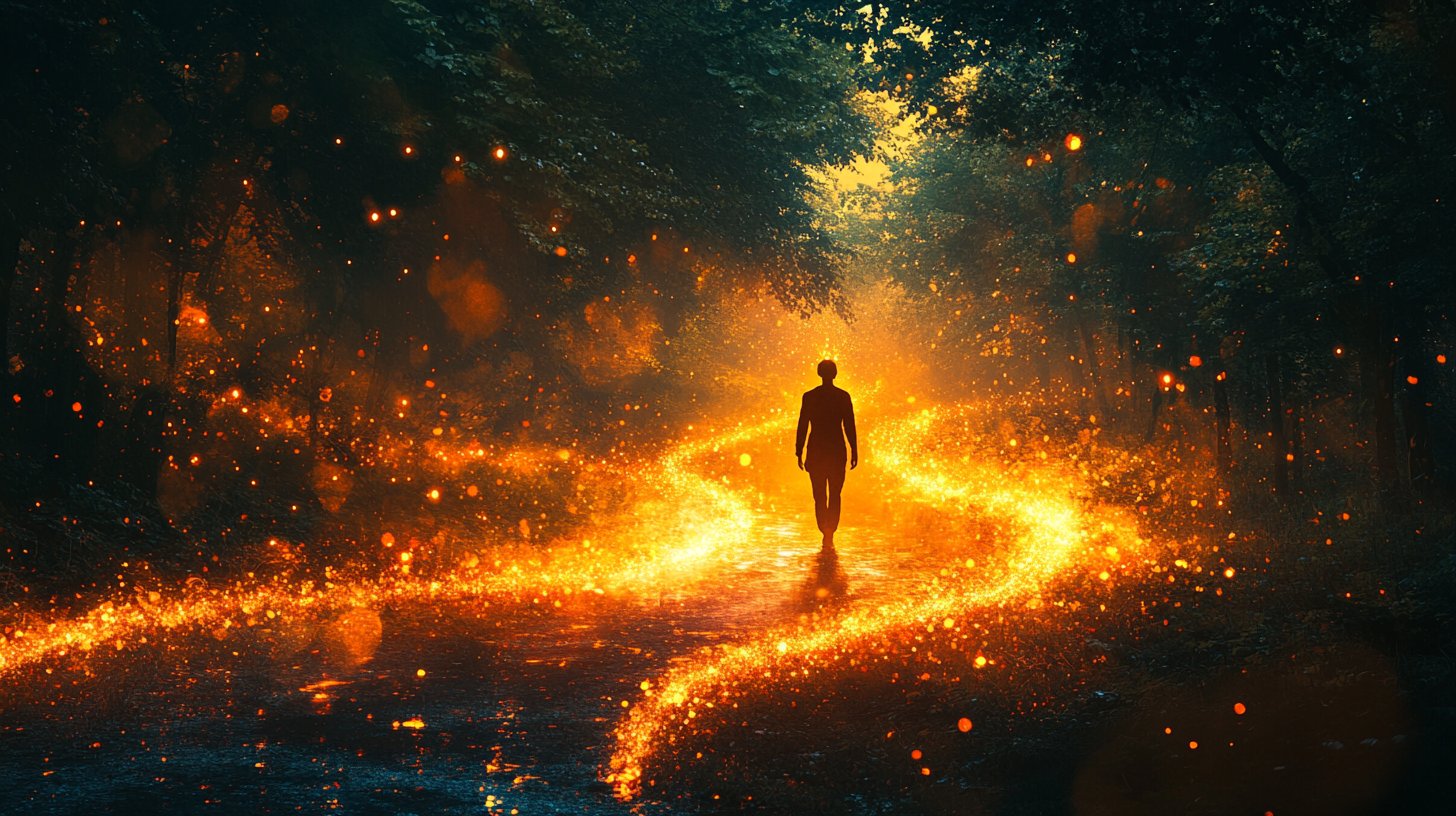 Eine abstrakte Darstellung der Selbstentdeckung auf einem gewundenen Weg im Wald.