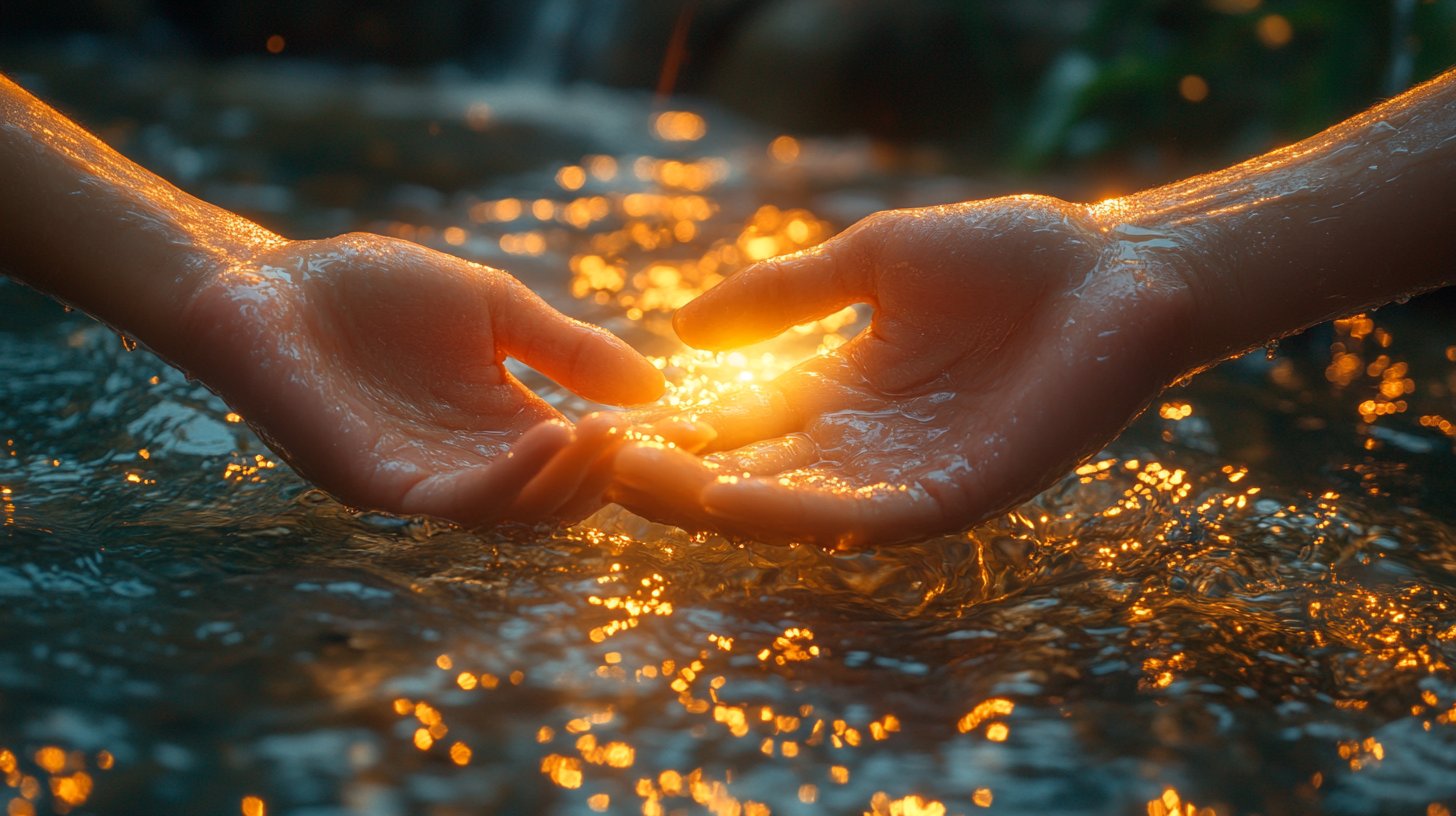 Hände, die sanft miteinander verbunden sind und heilendes Licht ausstrahlen.