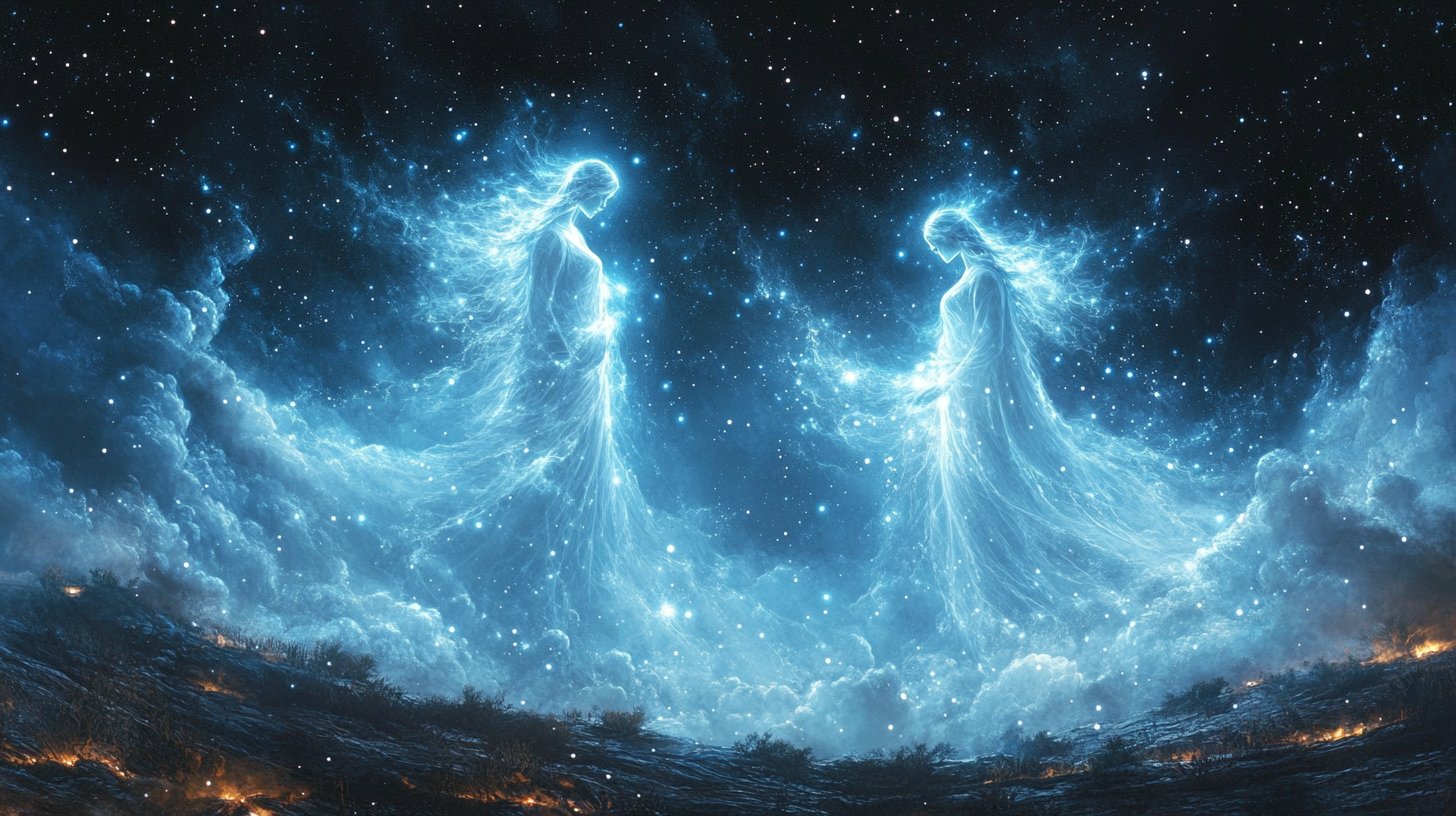 Eine ruhige Illustration der spirituellen Verbindung über einer friedlichen Landschaft.