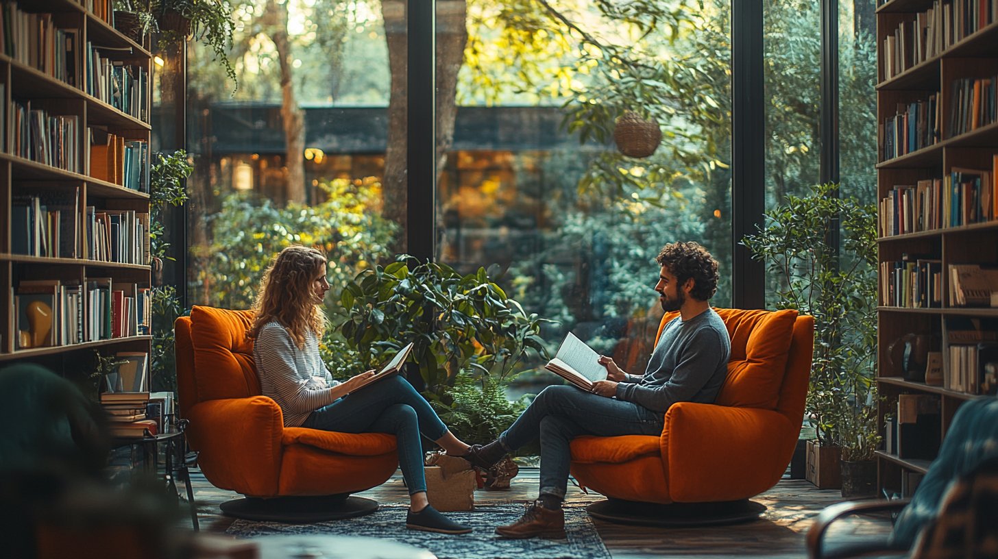 Deux personnes échangent des dialogues ouverts dans un environnement chaleureux.