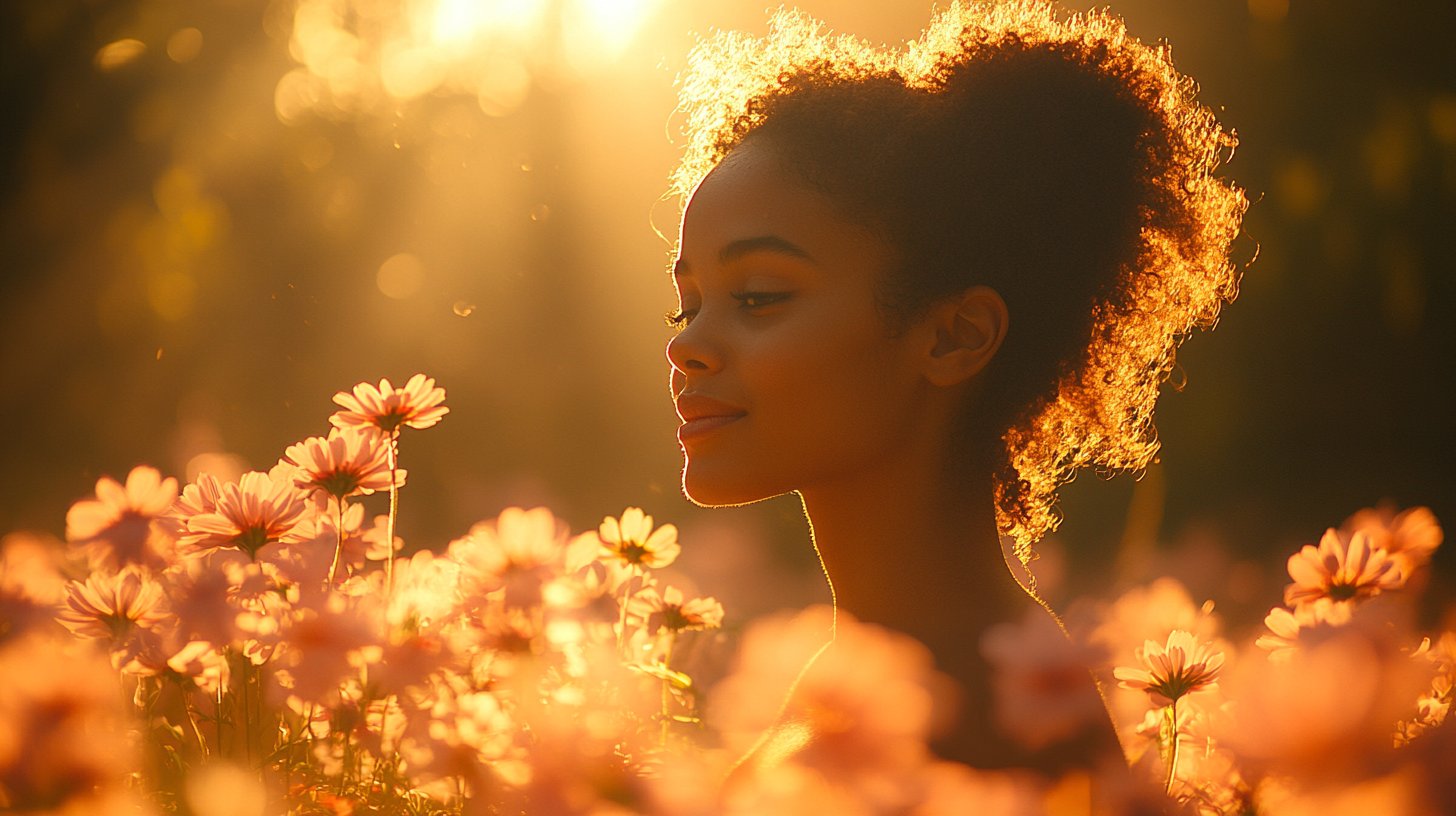 Eine selbstbewusste Person, die unter blühenden Blumen steht.