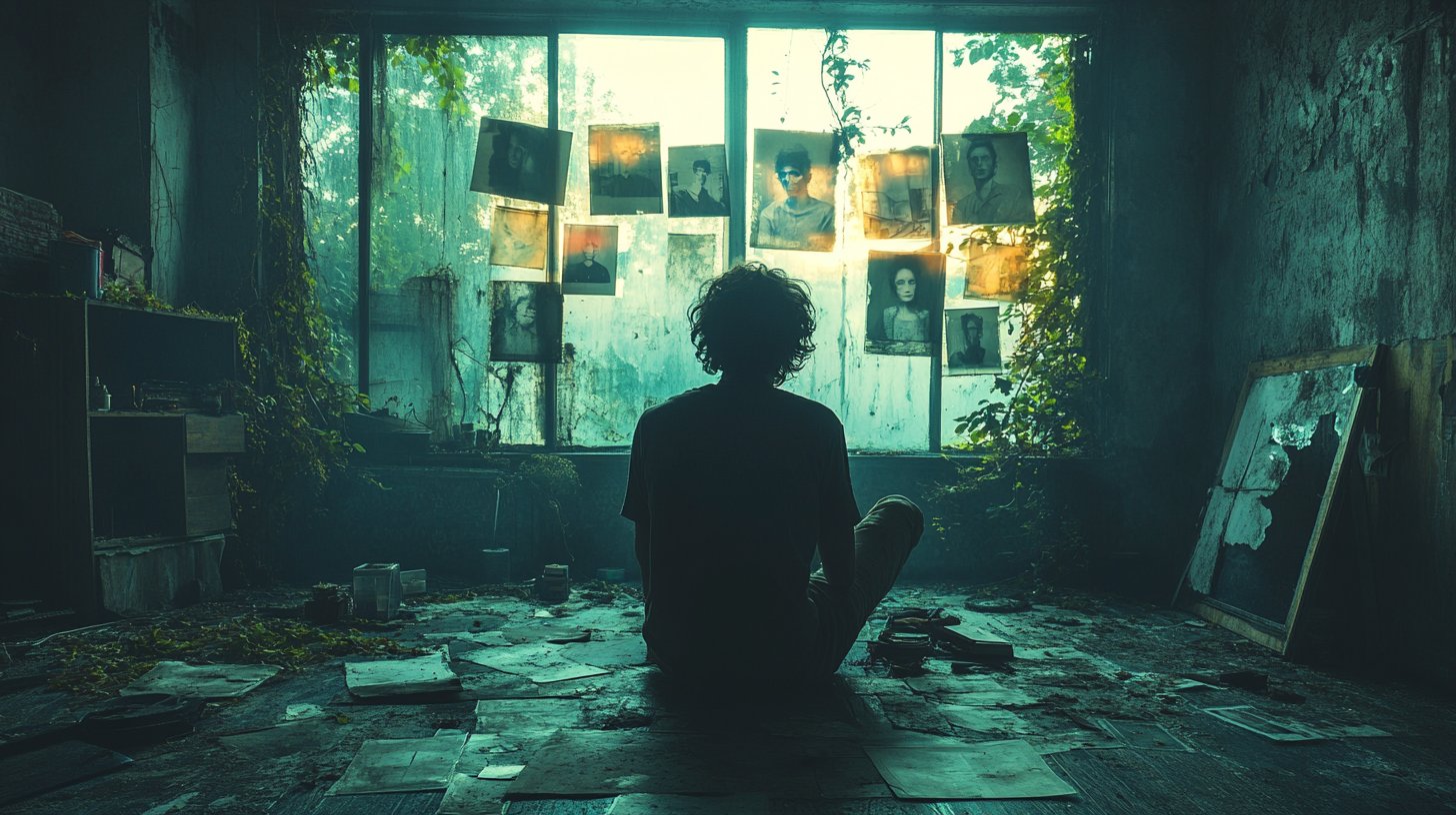 Eine sehnsüchtige Figur, die auf verblasste Fotografien schaut.