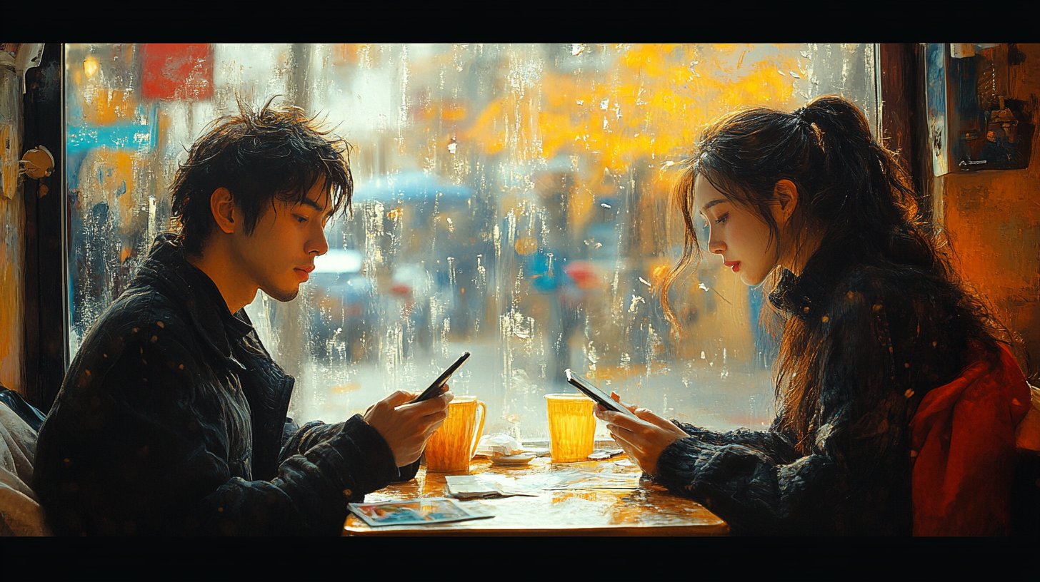 Zwei Personen im Café, eine schaut auf ihr Telefon, die andere nachdenklich aus dem Fenster.