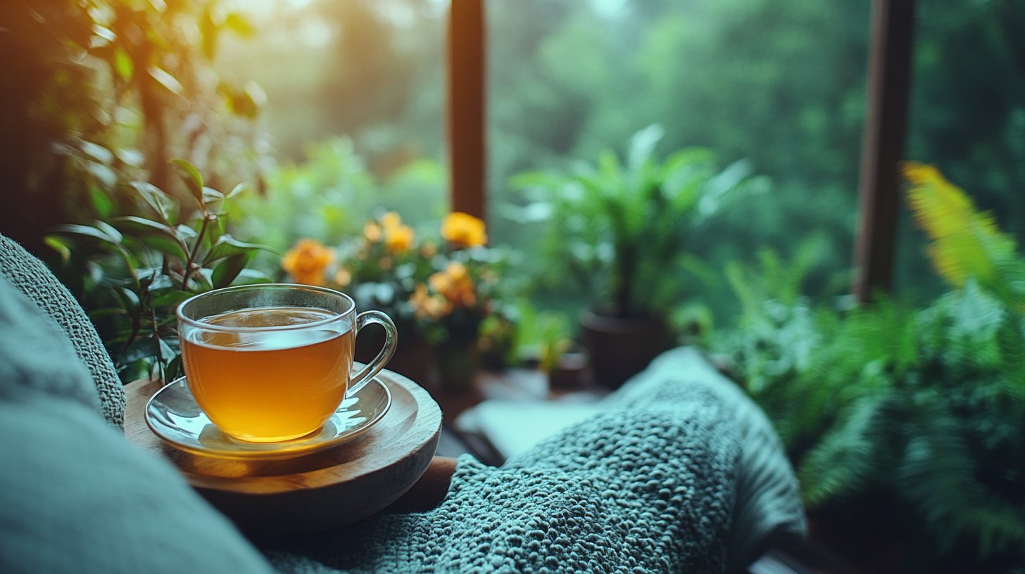 Momento de autocuidado con té en un ambiente acogedor.