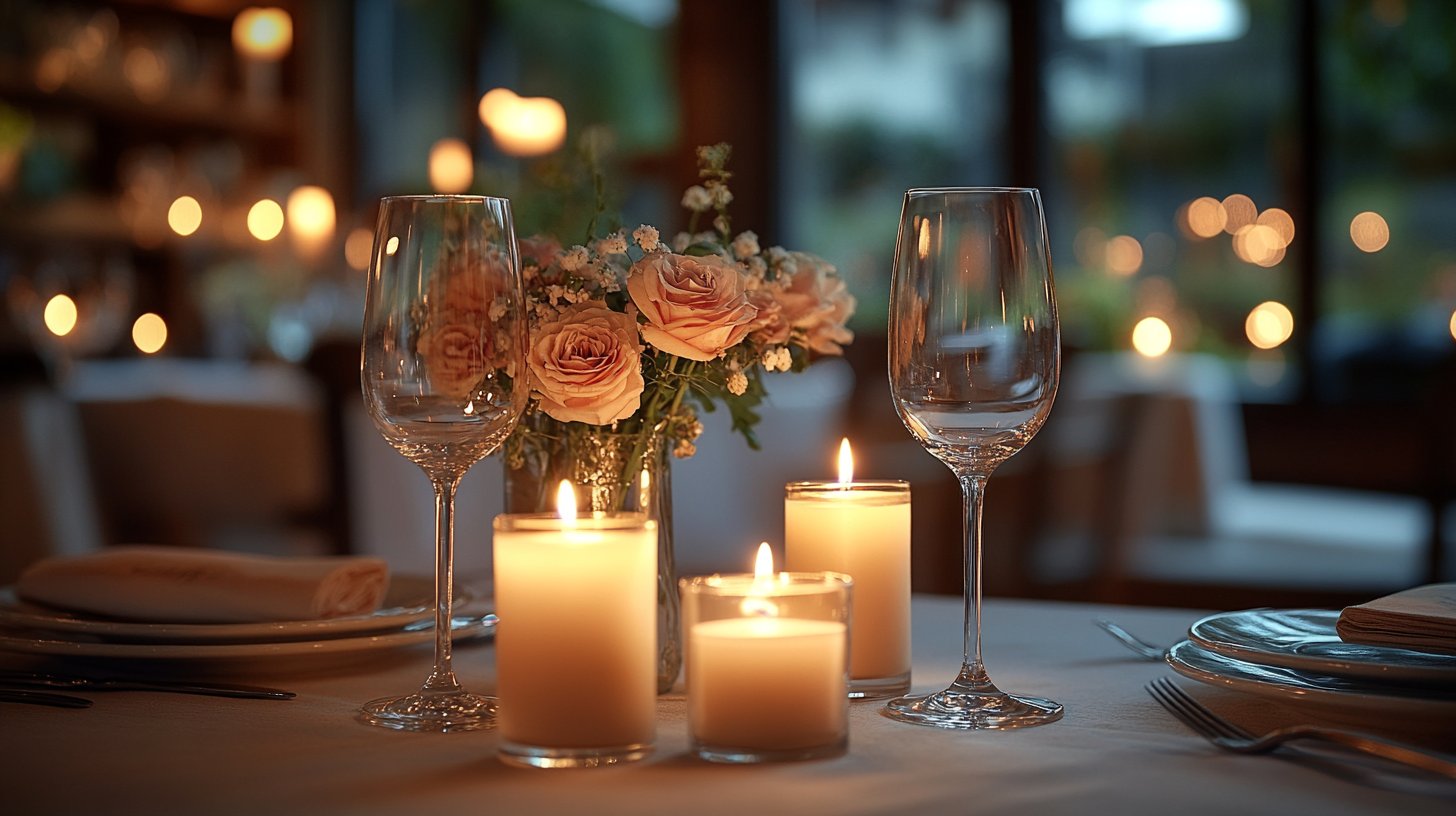 Gemütliche Atmosphäre mit sanftem Licht und einladender Tischgestaltung.
