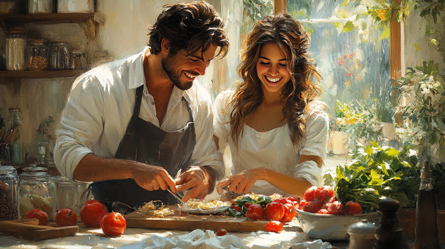 Ein Paar kocht gemeinsam, umgeben von frischen Zutaten und Freude.