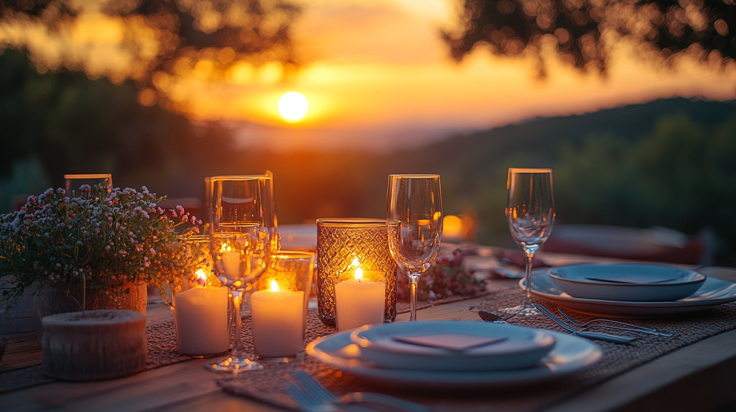 Ein schön gedeckter Tisch mit Kerzen und Sonnenuntergang, der eine gemütliche Atmosphäre schafft.
