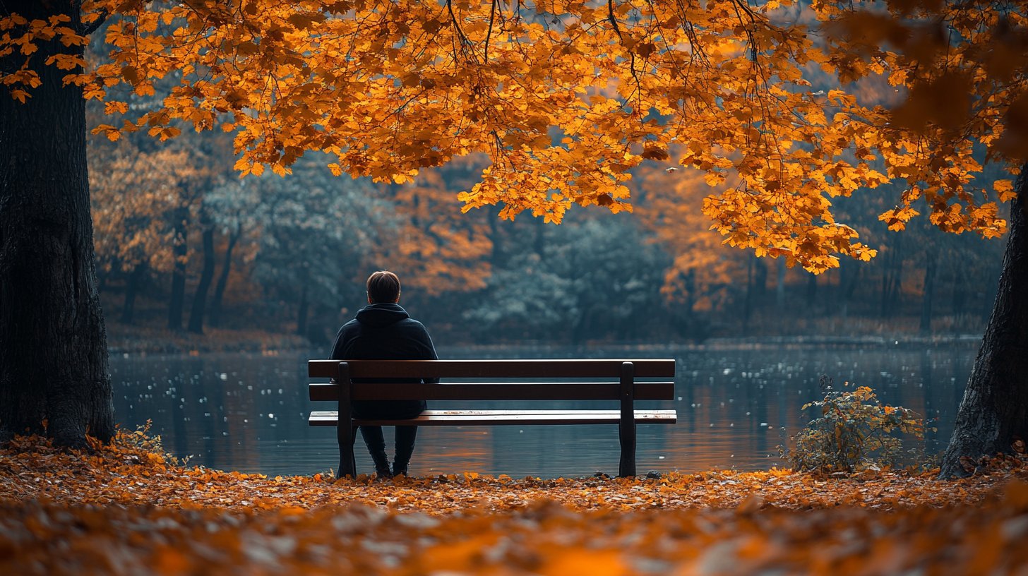 Eine nachdenkliche Person auf einer Parkbank inmitten von Herbstblättern.