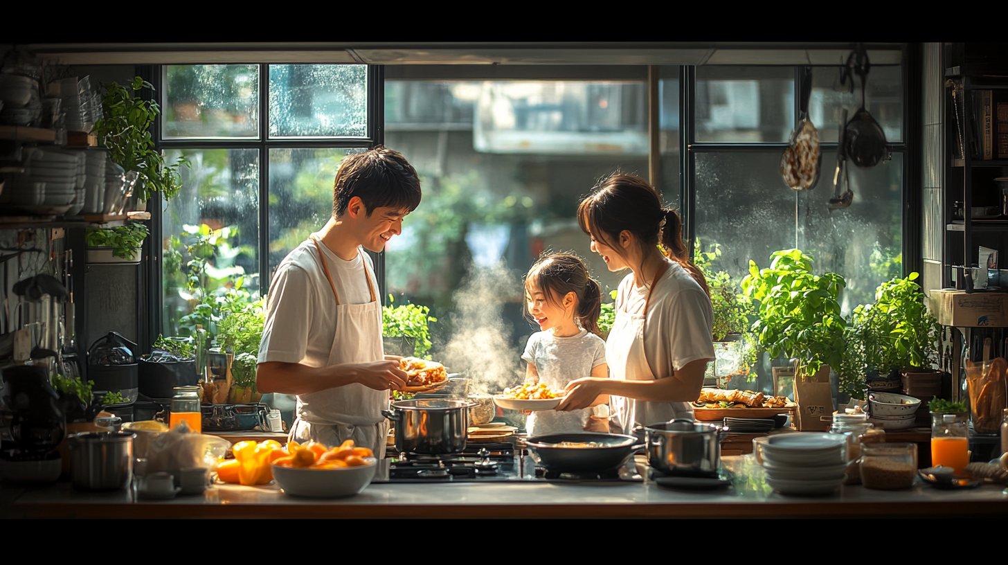 Eine fröhliche Küchenszene mit einer Familie beim gemeinsamen Kochen und Lachen.