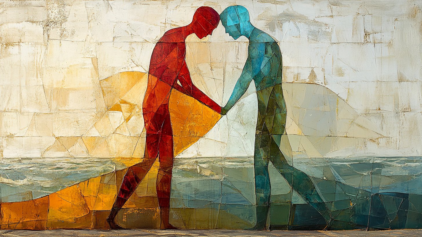 Zwei Figuren, Nähe und Distanz dynamisch dargestellt.