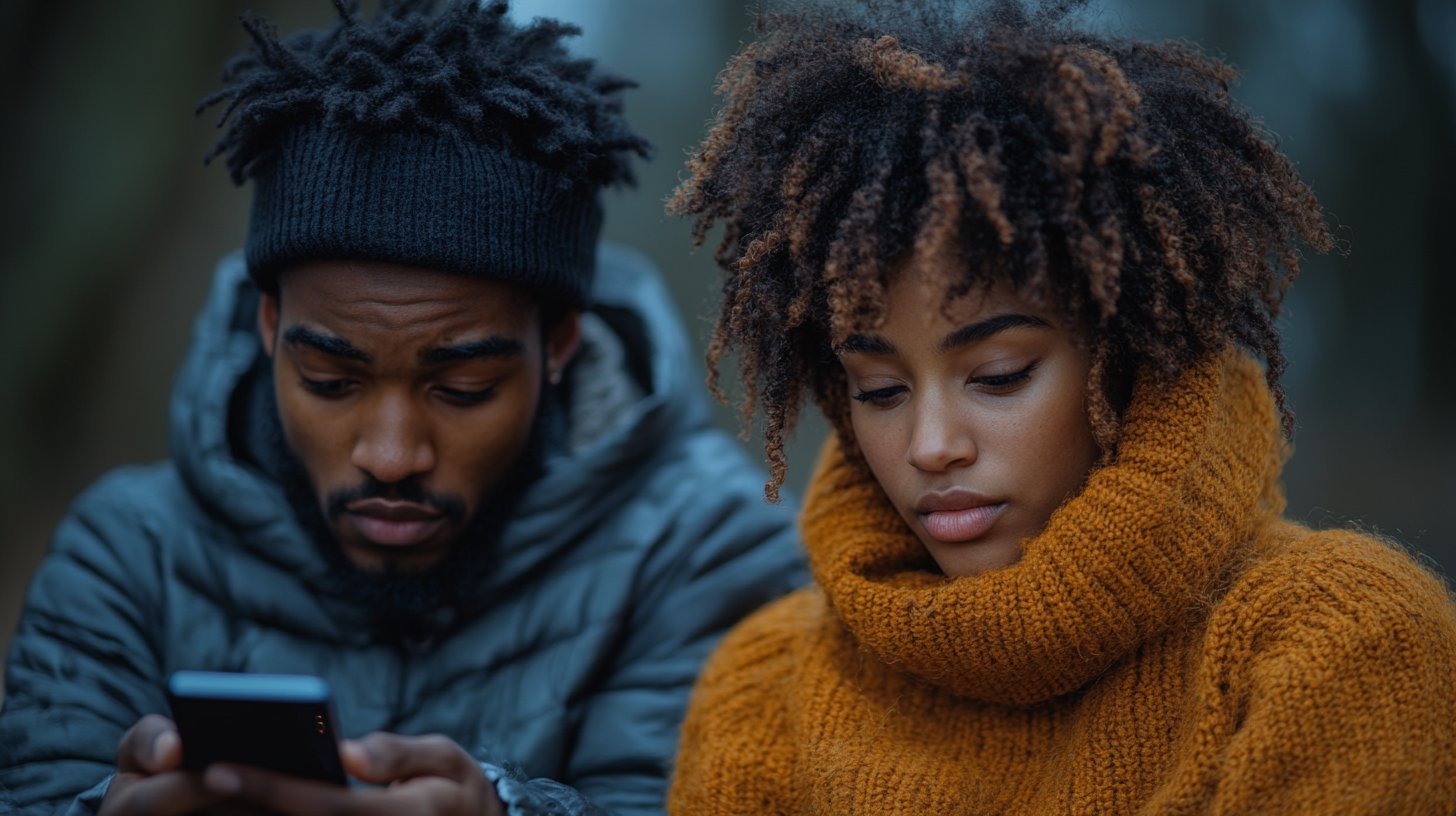 Ein Paar, getrennt durch ein Handy, das Desinteresse zeigt.