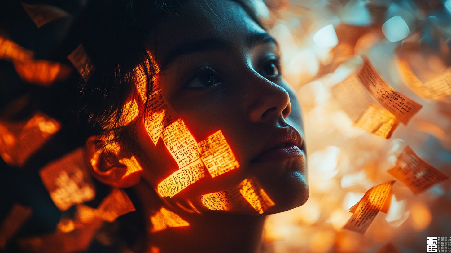 Ein naher Blick auf eine nachdenkliche Person umgeben von bunten Buchstaben.