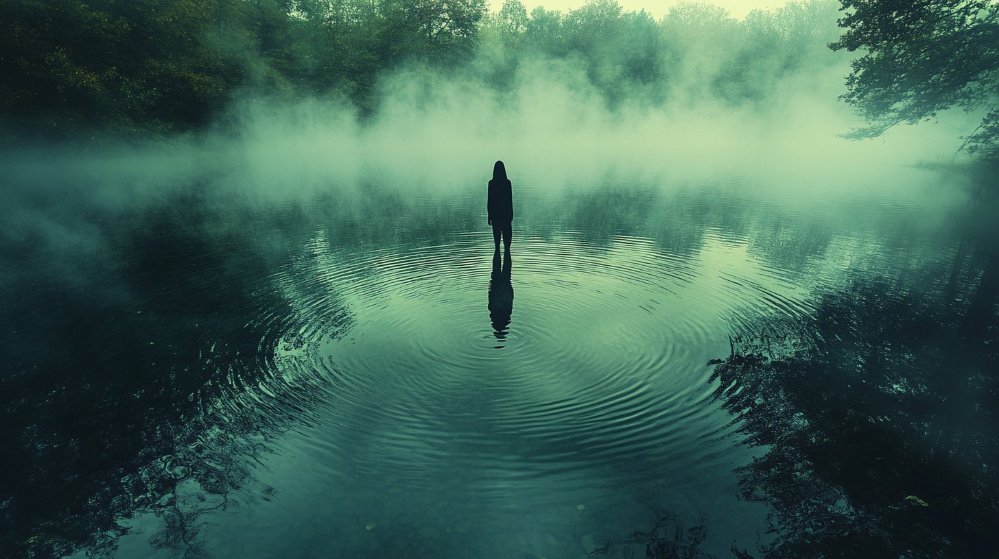 Eine einsame Figur am Ufer eines ruhigen Sees, umgeben von sanften Wellen.