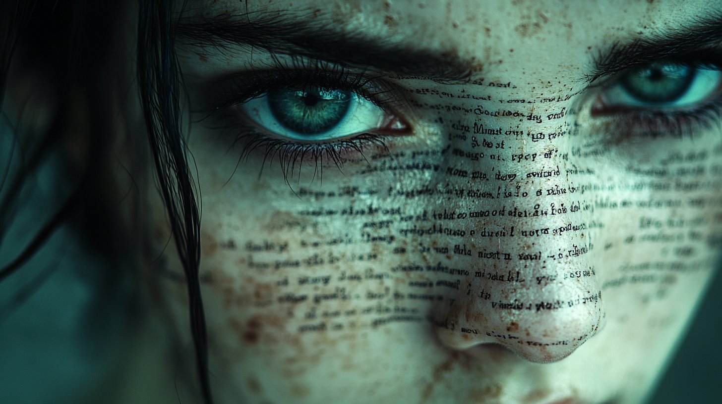 Ein verzweifeltes Gesicht vor verschwommenem manipulativen Text.