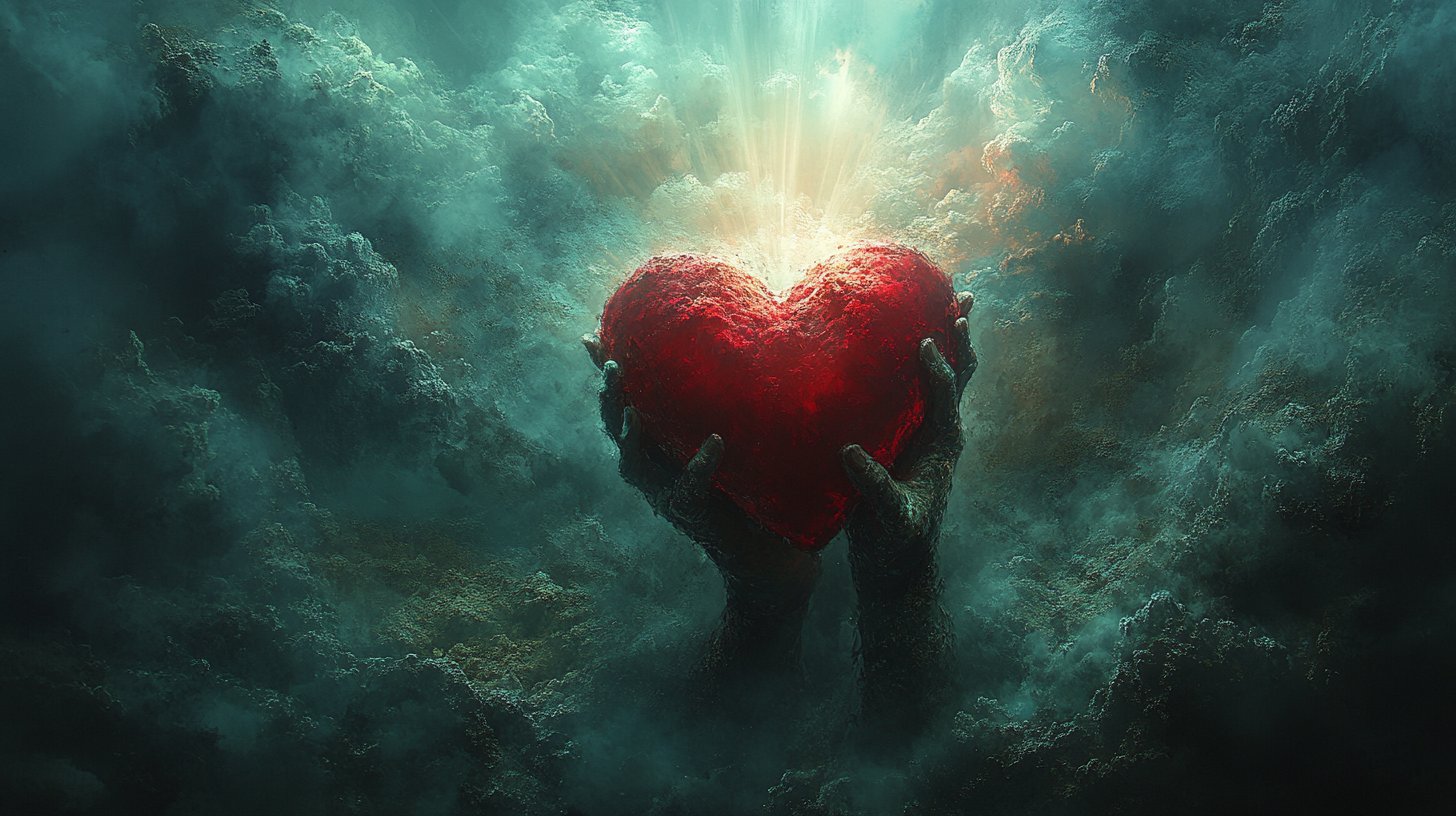 Ein Herz in einem Schraubstock, umgeben von dunklen Wolken der Schuld.