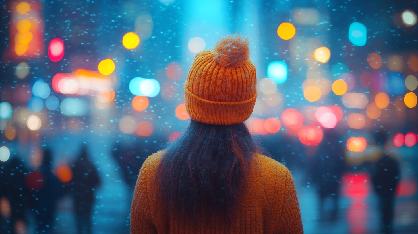 A person in a crowded city, yearning for peace.