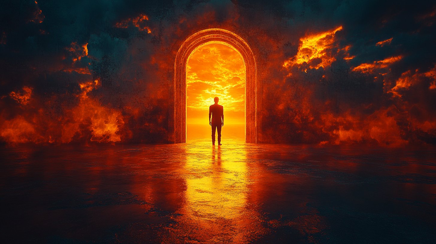 Hesitant person at an open door, caught between commitment and uncertainty.