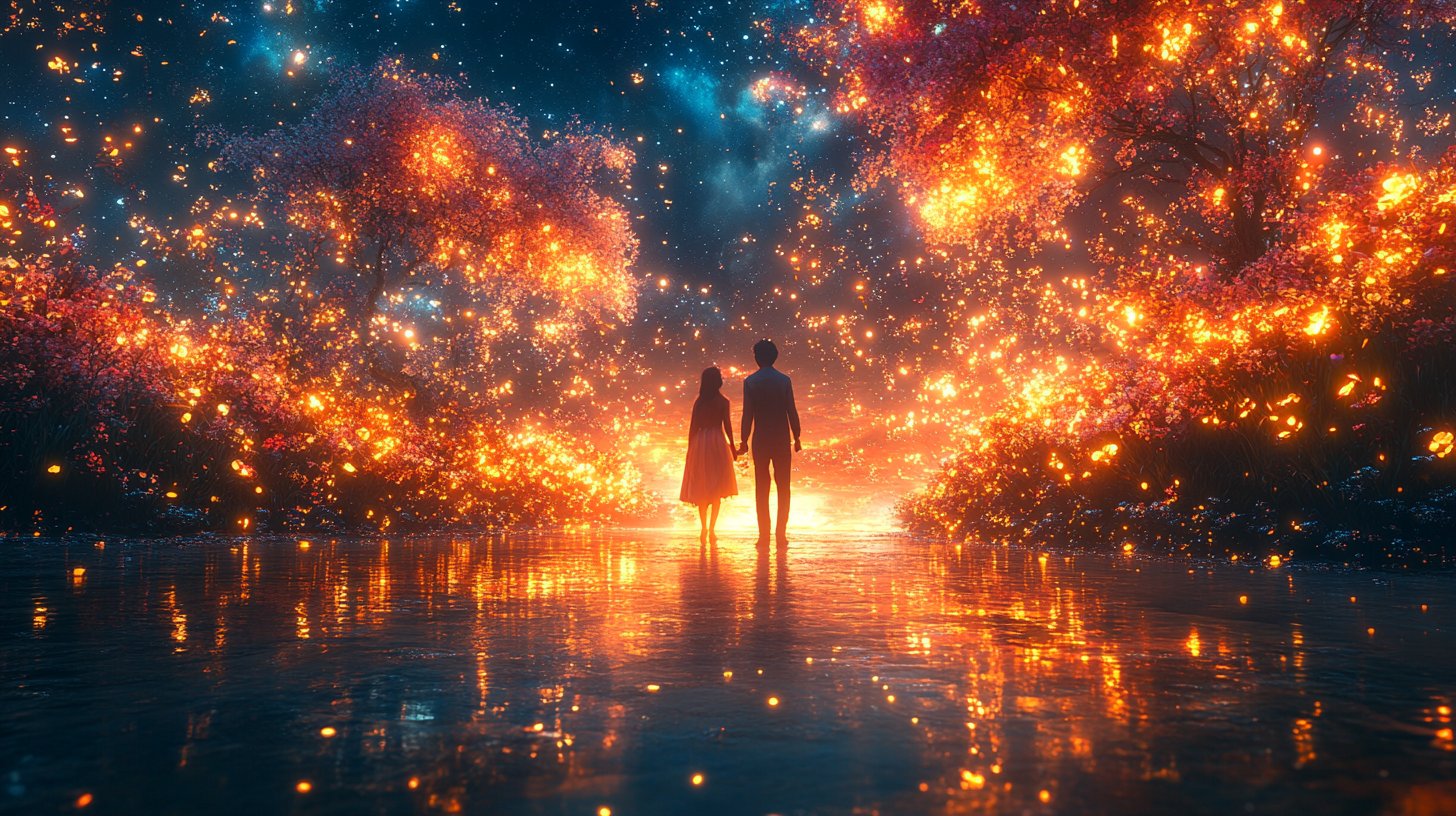 Eine zauberhafte Begegnung zwischen zwei Menschen mit sanftem Licht und blühenden Blumen.