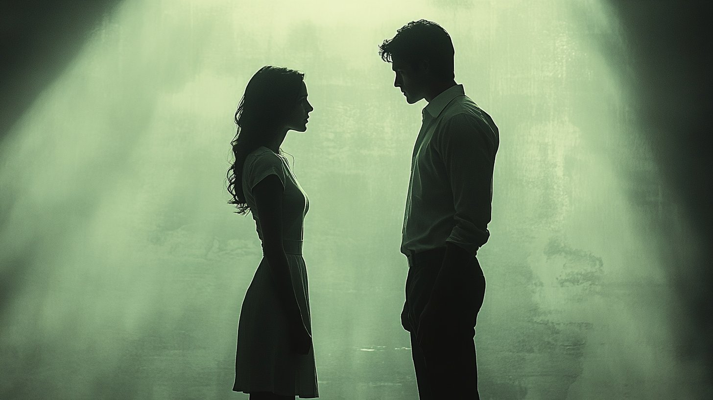 Ein dramatischer Moment der Konfrontation zwischen einem Paar, Schatten der Unsicherheit über ihnen.