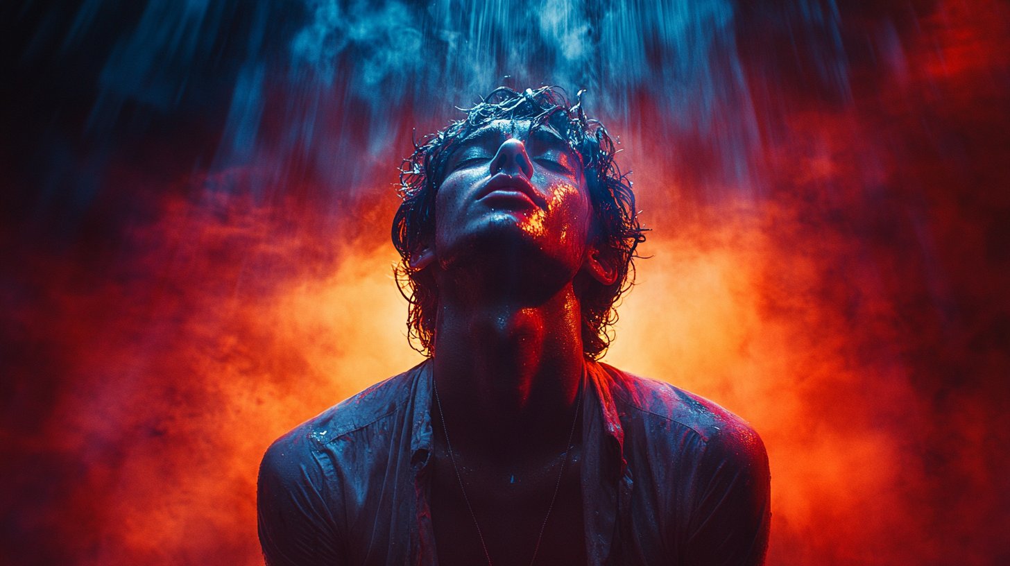 Eine dramatische Darstellung übertriebener Emotionen in einem Theaterumfeld.