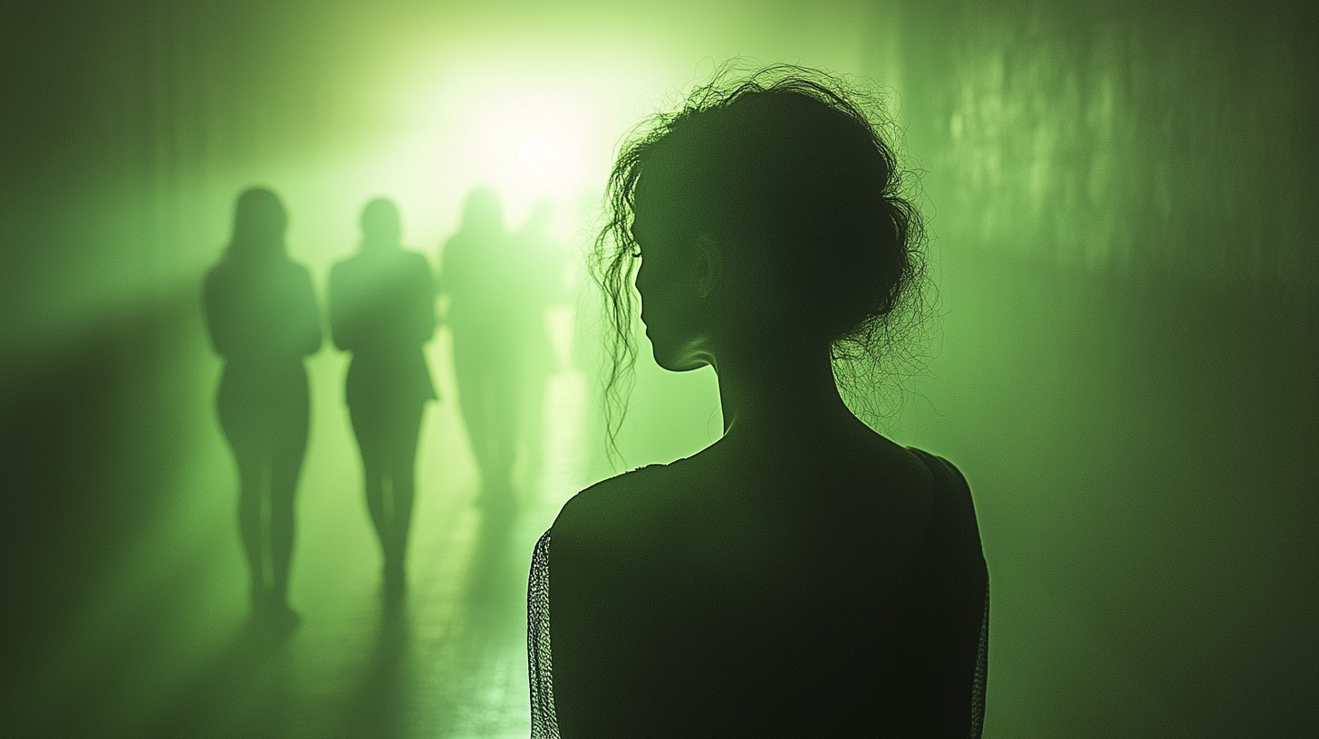 Ein schattenhaftes Wesen beobachtet eifersüchtig fröhliche Freunde.