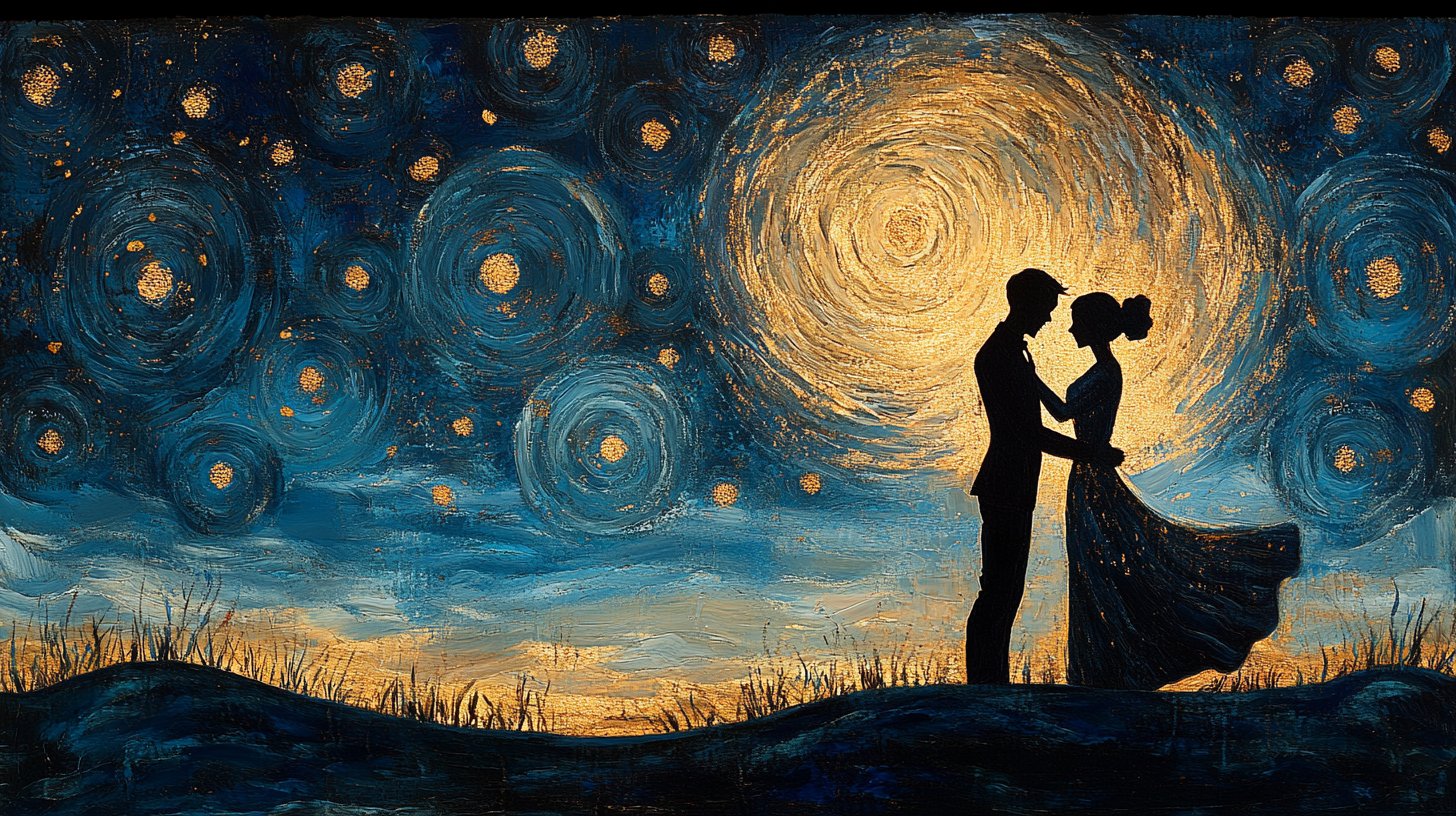 Ein romantischer Tanz zwischen Widder und Löwe unter funkelnden Sternen.