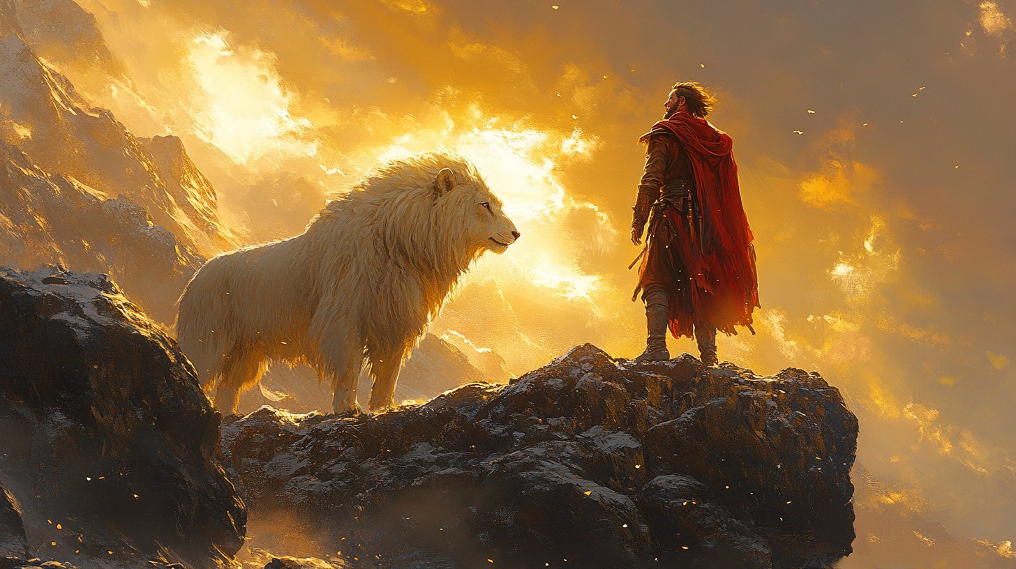 Widder und Löwe erobern gemeinsam einen Berg bei Sonnenaufgang.