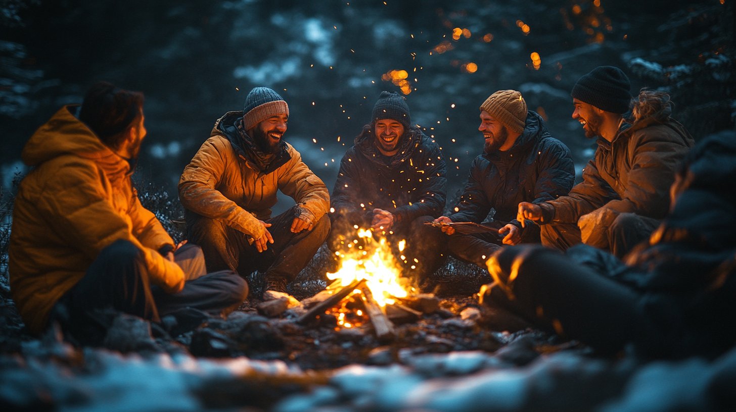 Paare genießen ein fröhliches Picknick inmitten der Natur, umgeben von grüner Pracht.