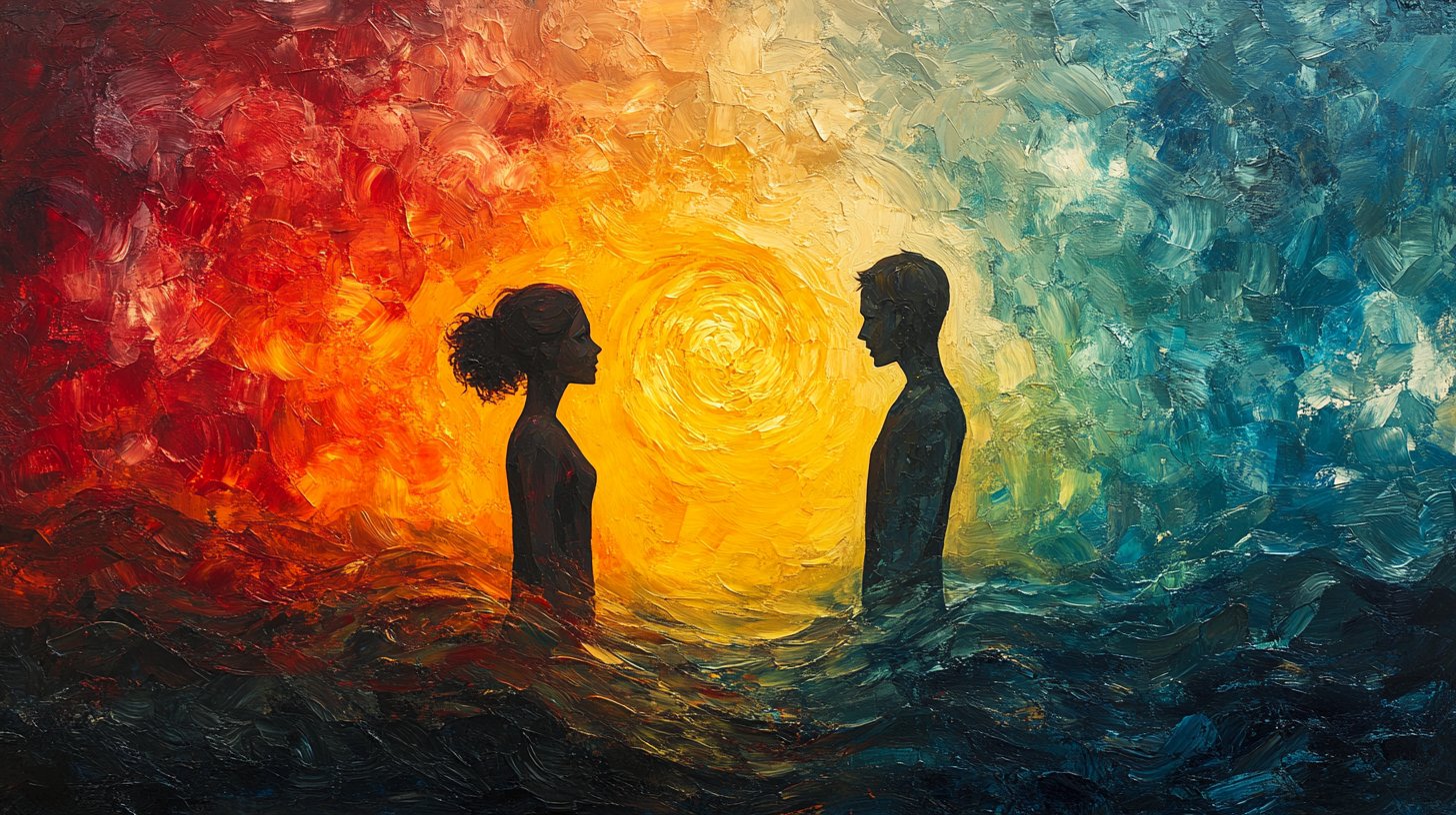 Dos figuras compartiendo un momento de profunda conversación en un entorno sereno.