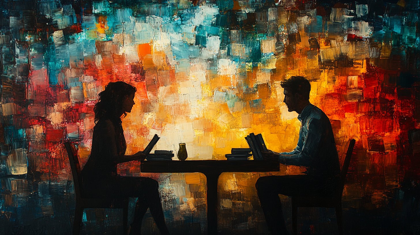 Una escena reflexiva de dos personas comprometidas en una discusión profunda rodeadas de libros.