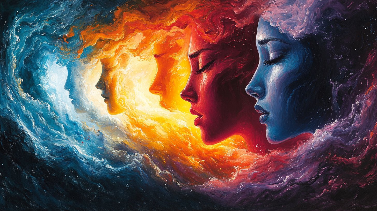 Eine eindringliche Szene intensiver Emotionen mit wirbelnden Farben und Gesichtsausdrücken von Freude bis Traurigkeit.