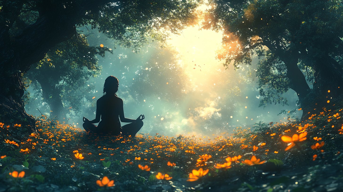 Eine meditative Person in der Natur, umgeben von Bäumen und Blumen.