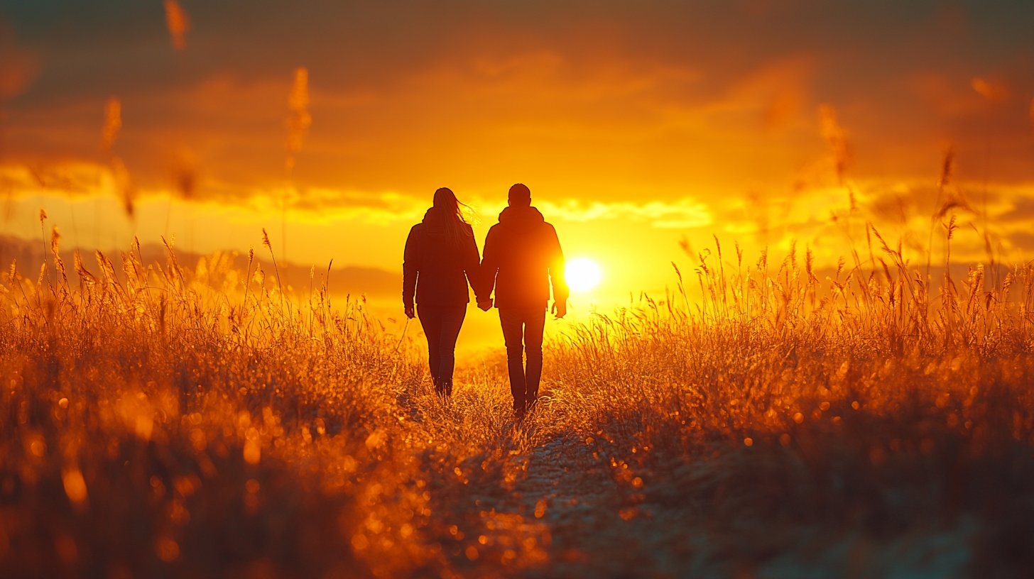 Ein schöner Sonnenuntergang mit Partnern, die nebeneinander gehen.