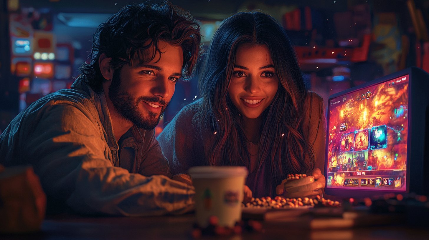 A couple enjoying a virtual game night filled with laughter.