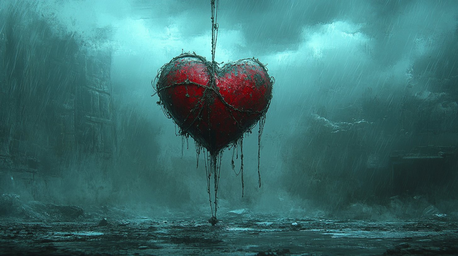 Manipulación emocional a través de cuerdas de marioneta atadas a un corazón sobre un fondo tormentoso.