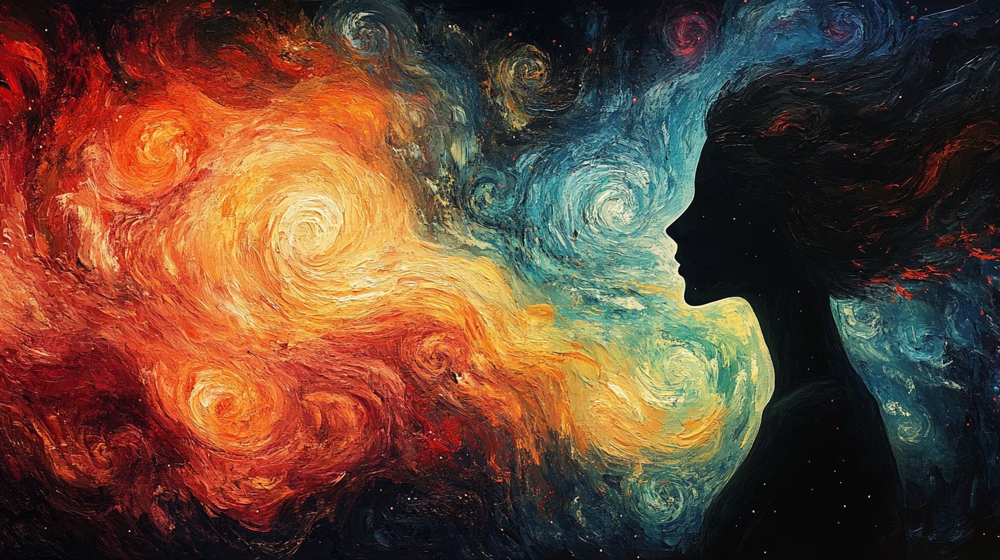 Una silueta rodeada de colores caóticos que representan la agitación interna.