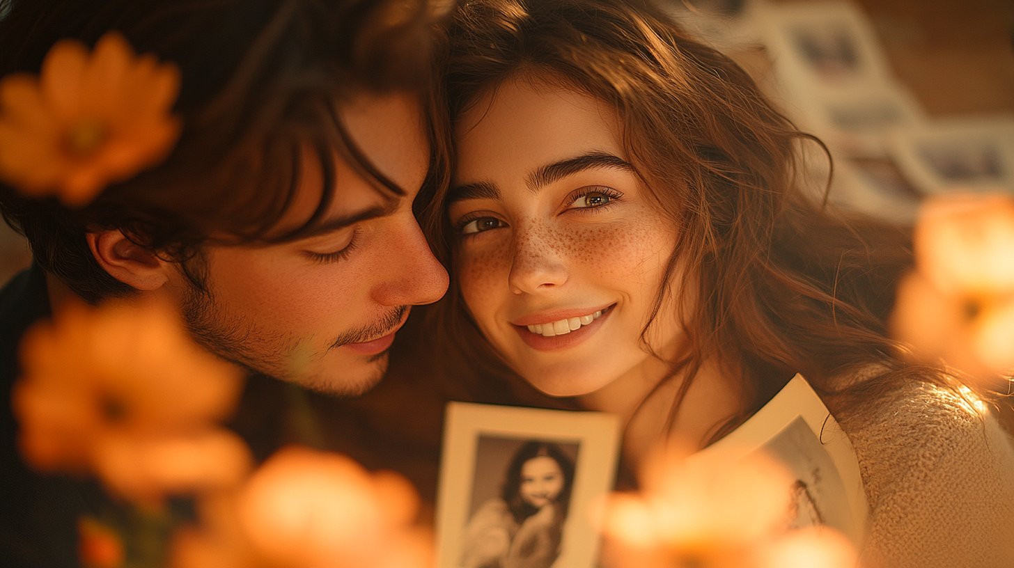 Wunderschöne Collage glücklicher Erinnerungen: Paare schauen lächelnd alte Fotos an.