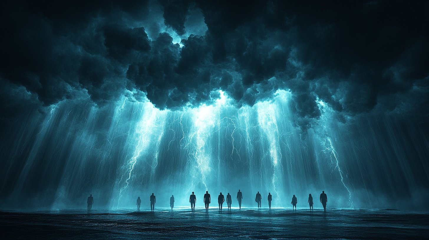 Eine stürmische Himmel über einer Gruppe von Menschen, die Hoffnung in der Dunkelheit zeigt.